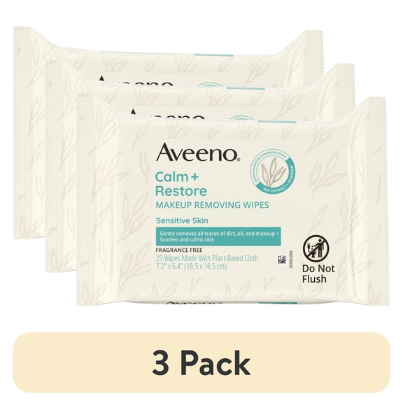 (3 pack) Aveeno Calm Restore Unscented Makeup Remover Facial Wipes, 25 Count