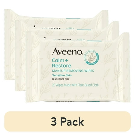(3 pack) Aveeno Calm + Restore Unscented Makeup Remover Facial Wipes, 25 Count