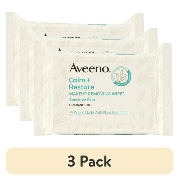 (3 pack) Aveeno Calm + Restore Unscented Makeup Remover Facial Wipes, 25 Count