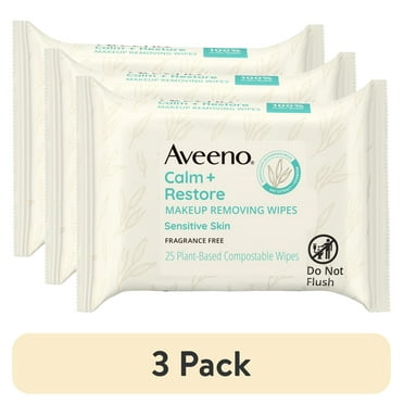(3 pack) Aveeno Calm + Restore Unscented Makeup Remover Facial Wipes, 25 Ct