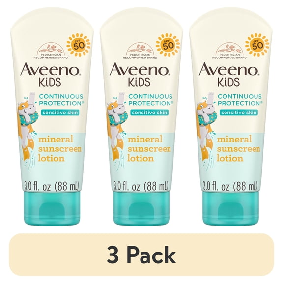 (3 pack) Aveeno Kids Continuous Protection Mineral Sunscreen, SPF50, 3 Fl oz