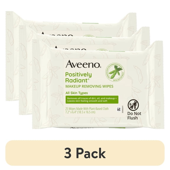 (3 pack) Aveeno Positively Radiant Makeup Removing Wipes, 25 Count