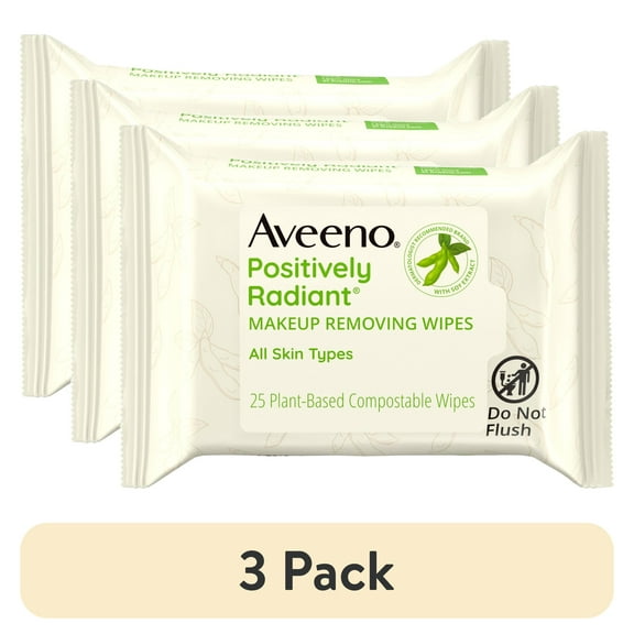 (3 pack) Aveeno Positively Radiant Oil-Free Makeup Remover Facial Wipes, 25 Ct