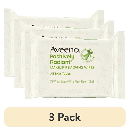(3 pack) Aveeno Positively Radiant Oil-Free Makeup Remover Facial Wipes, 25 Count