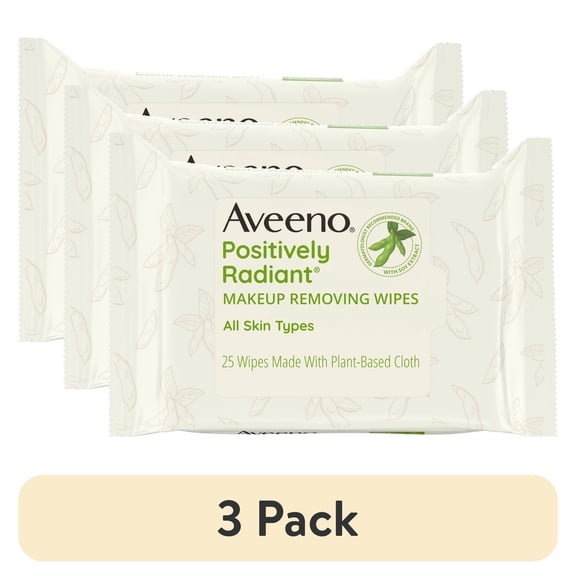 (3 pack) Aveeno Positively Radiant Oil-Free Makeup Remover Facial Wipes, 25 Count