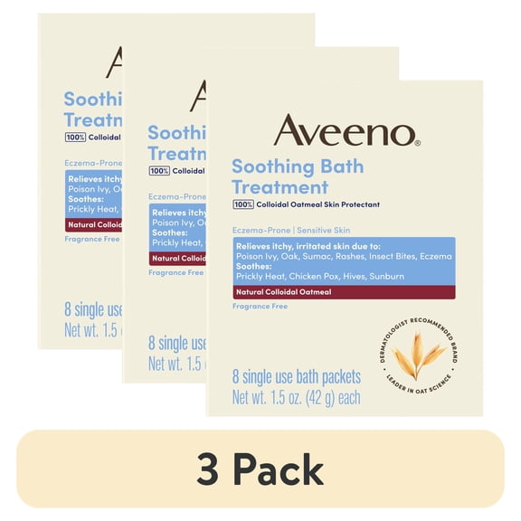 (3 pack) Aveeno Soothing Bath Eczema Treatment, Fragrance Free, 8 Packets