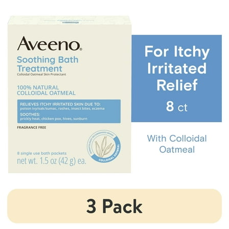 (3 pack) Aveeno Soothing Bath Moisturizer Soak for Eczema Relief, Natural Colloidal Oatmeal Bath, 8 Count
