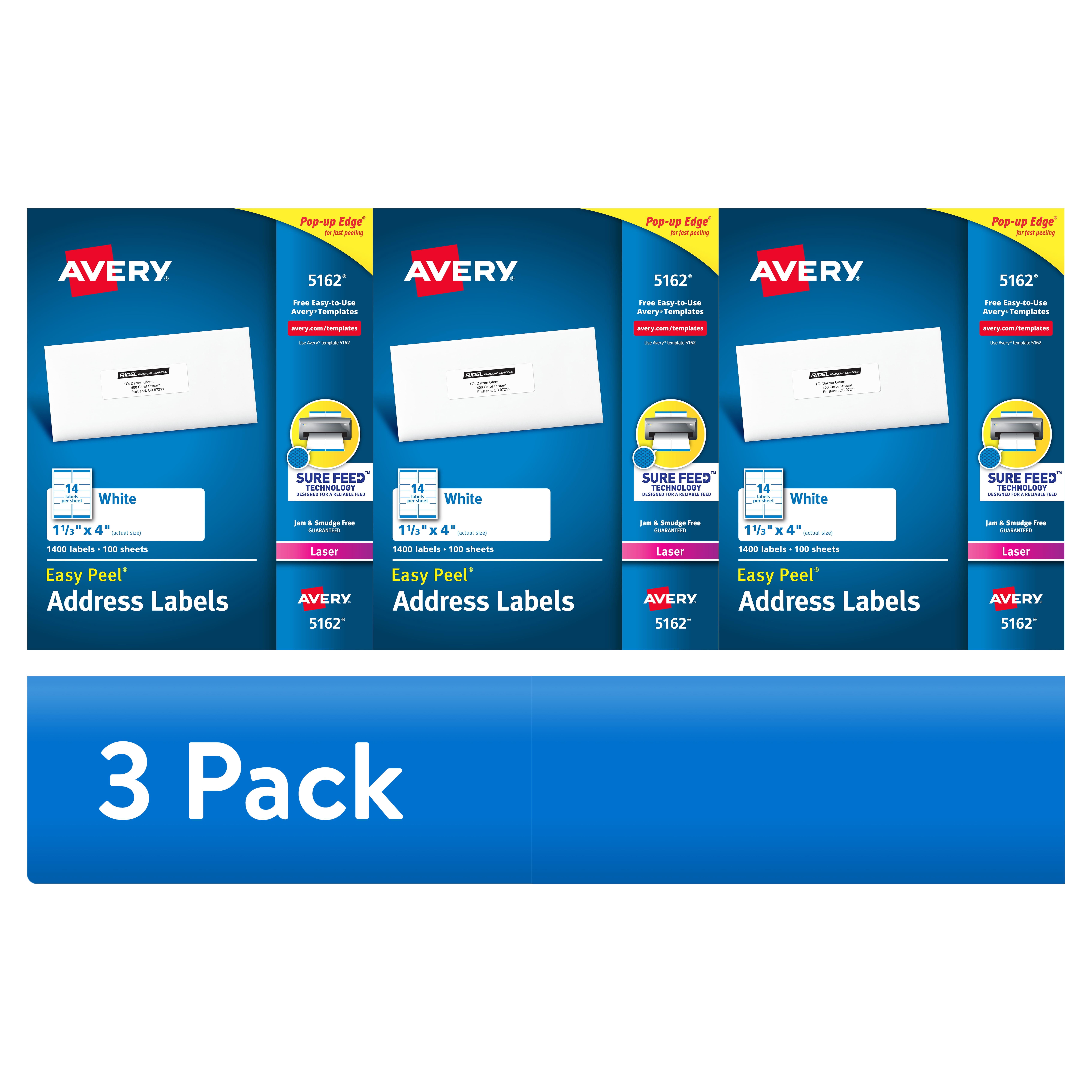 (3 pack) Avery Address Labels, 1-1/3" x 4", Paper, Matte White, Laser, Sure Feed, 1400 Labels (5162)
