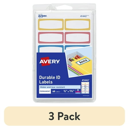 (3 pack) Avery Durable ID Labels, 3/4" x 1-3/4", Film, Permanent, Neon Border, 60 Labels