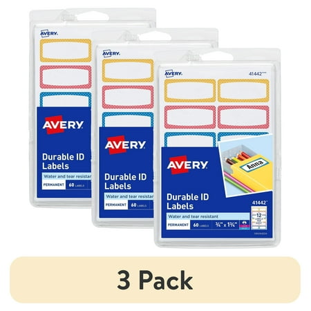 (3 pack) Avery Kids Durable Labels, White with Assorted Neon Color Border, 3/4" x 1-3/4", Permanent, 60 Labels (41442)