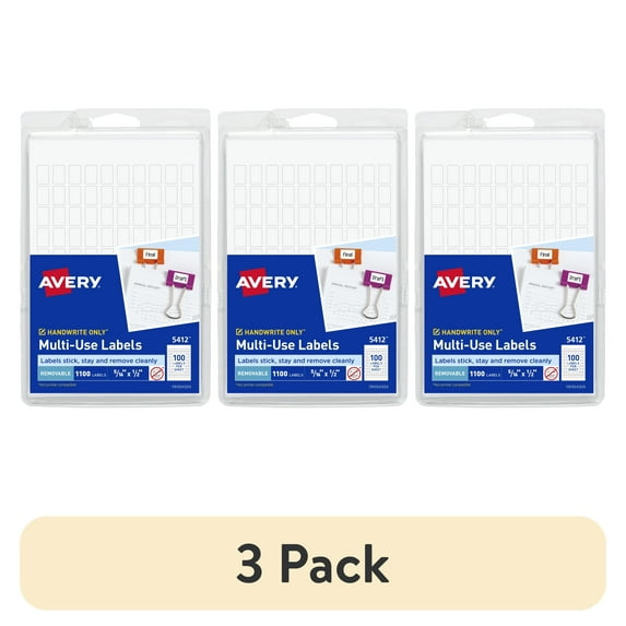 (3 pack) Avery Multiuse Removable Labels, 5/16" x 1/2", White, Non-Printable, 1,100 Small Stickers Total (5412)