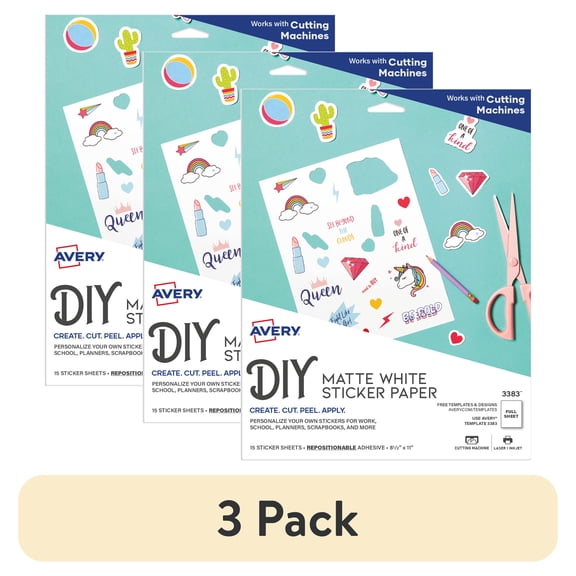 (3 pack) (3 pack) Avery Sticker Paper, 8.5" x 11", Matte White, 15 Sheets (3383)