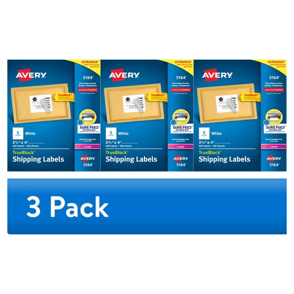(3 pack) Avery Shipping Labels, 3-1/3" x 4", Paper, White, TrueBlock®, Laser, 600 Labels (5164)