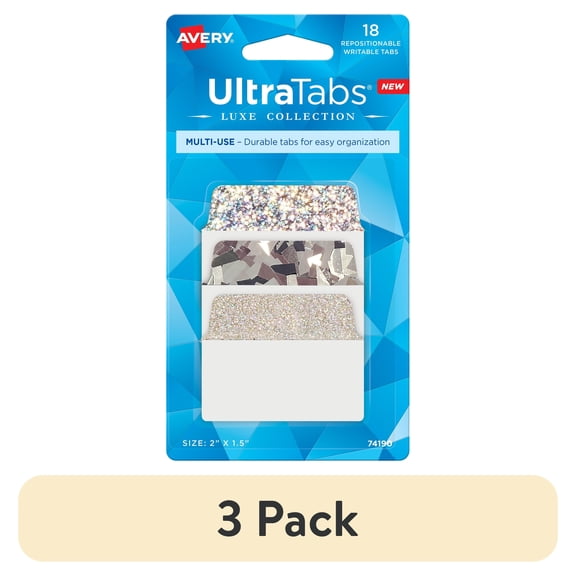 (3 pack) Avery Ultrabs Luxe, Multi-Use Style, 2" x 1.5", Film, Write-on Tab, Assorted Silver, 18 Tabs