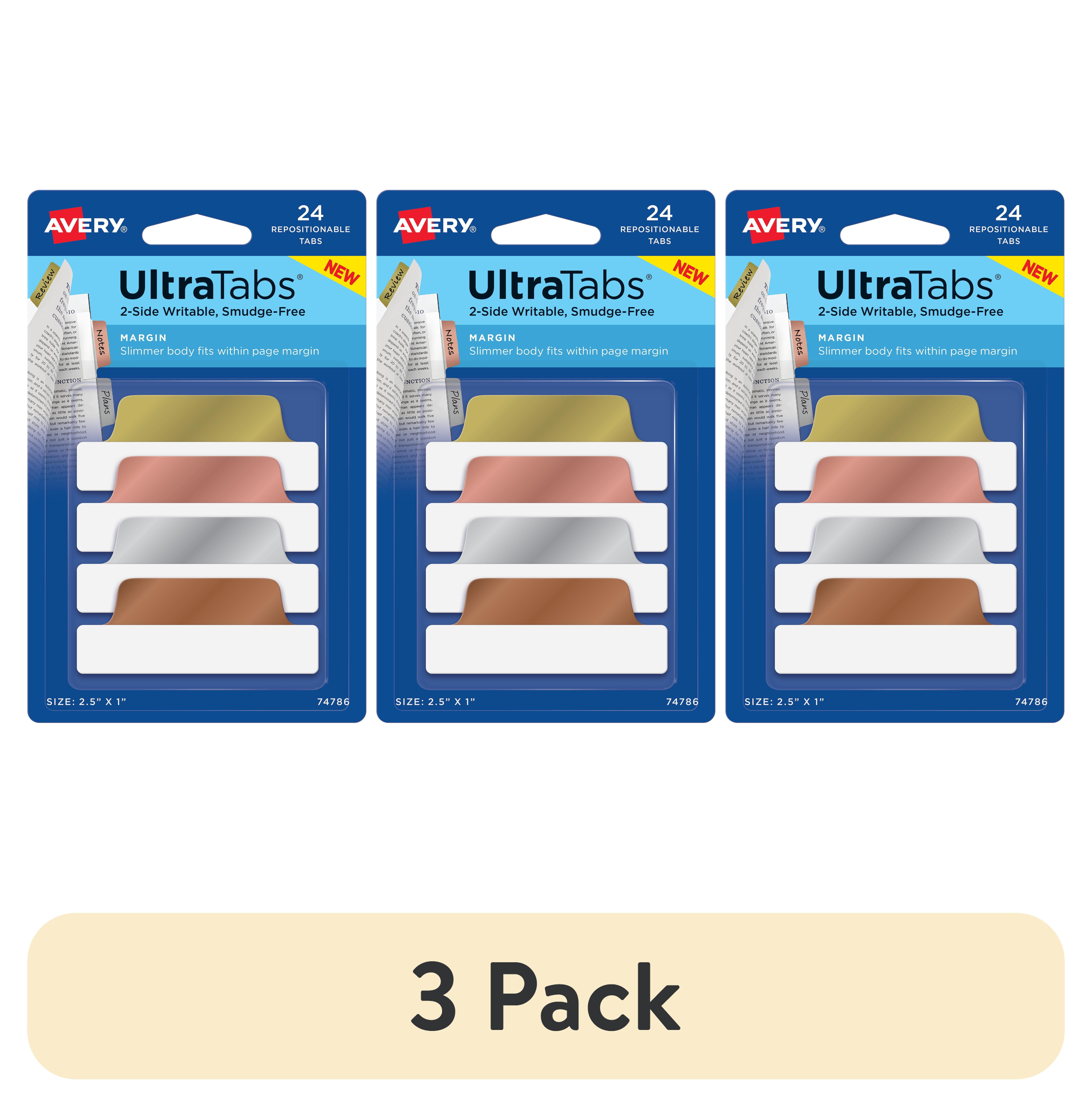 (3 pack) Avery Ultratabs, Margin Style, 2.5" x 1", Paper, Write-on Tab, Assorted Metallic Colors, 24 Tabs