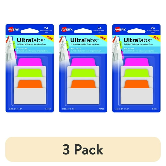 (3 pack) Avery Ultratabs, Multi-Use Style, 2" x 1.5", Paper, Write-on Tab, Assorted Neon Colors, 24 Tabs