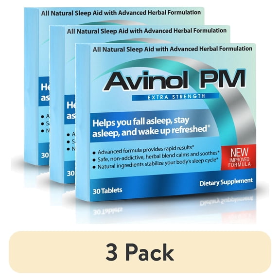 (3 pack) Avinol PM Extra Strength All-in-One Natural Sleep Aid Tablet for Deep Restful Sleep (30 Count)