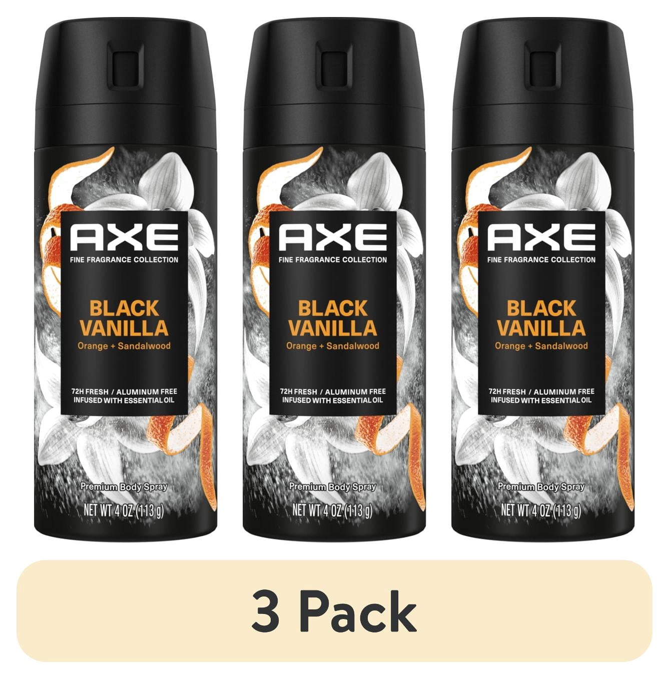 (3 pack) Axe Fine Fragrance Men's Fresh Deodorant Body Spray Black Vanilla, Aluminum Free, 4 oz
