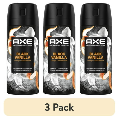 (3 pack) Axe Fine Fragrance Men's Fresh Deodorant Body Spray Black Vanilla, Aluminum Free, 4 oz