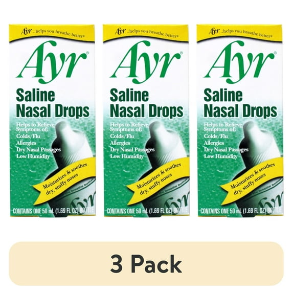 (3 pack) Ayr Saline Nasal Drops, Cold/Flu, Allergy, Dry Nasal Passages Relief, Moisturizes & Soothes Dry Stuffy Noses, 1.69 fl oz