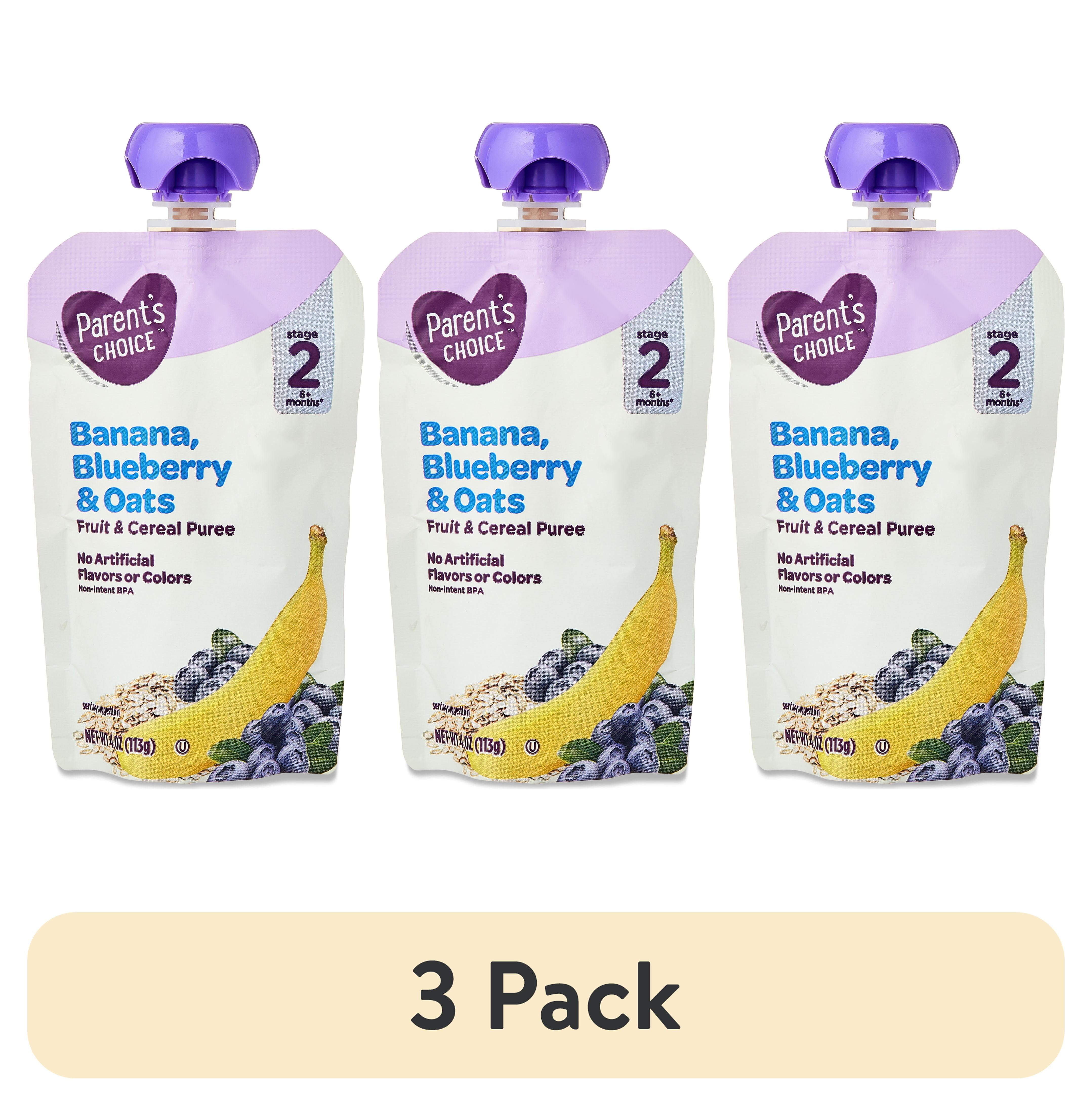 (3 pack) Parent's Choice Stage 2, Banana Blueberry Oats, 4 oz Pouch
