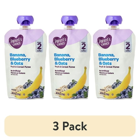 (3 pack) Parent's Choice Stage 2, Banana Blueberry Oats, 4 oz Pouch
