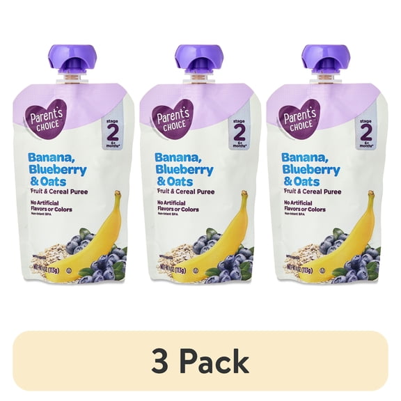 (3 pack) Parent's Choice Stage 2, Banana Blueberry Oats, 4 oz Pouch