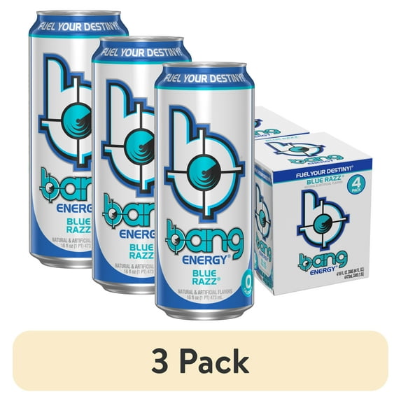 (3 pack) BANG Energy Drink, Blue Razz, 16 fl oz, 4 Pack