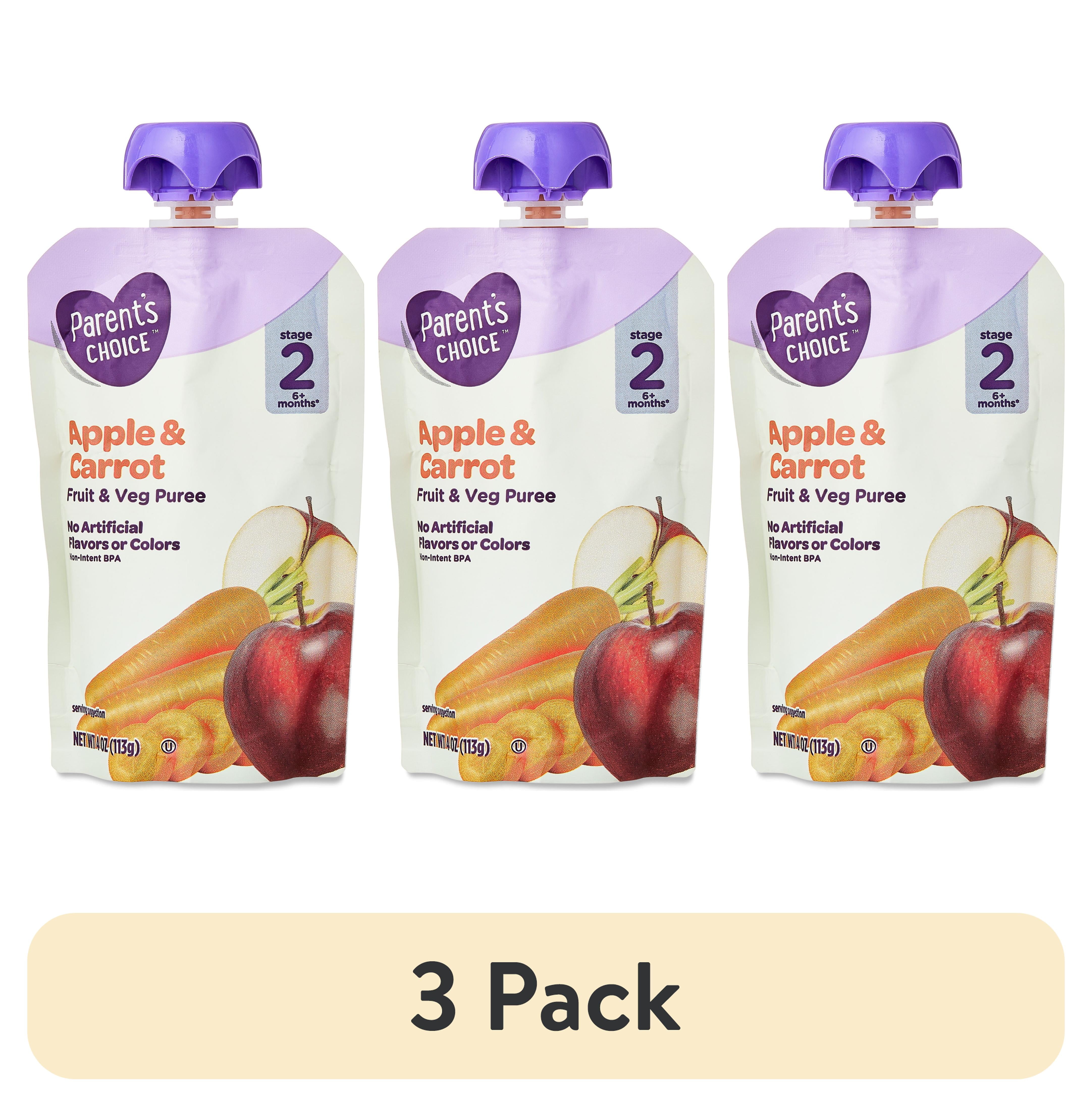 (3 pack) Parent's Choice Stage 2 Baby Food Apple and Carrot Puree, 4 oz Pouch