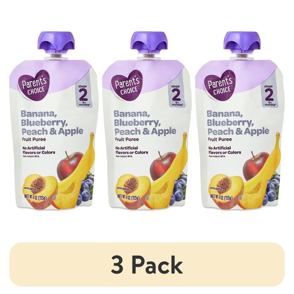(3 pack) Parent's Choice Stage 2 Baby Food Banana, Blueberry, Peach, and Apple Puree, 4 oz Pouch