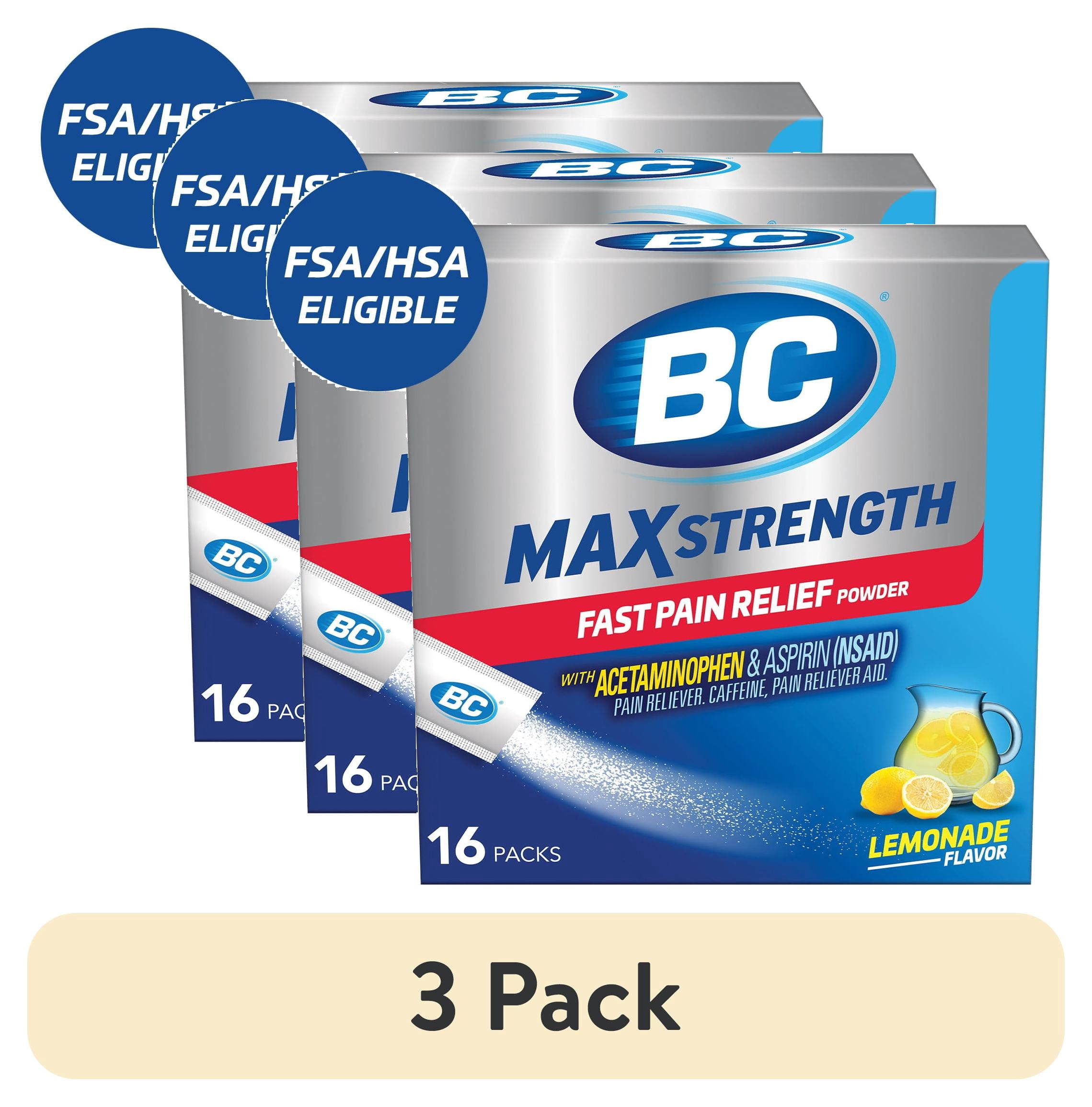 (3 pack) BC MAX Strength Fast Pain Relief Powder, Lemonade Drink Mix, Aspirin & Acetaminophen, 16 Count