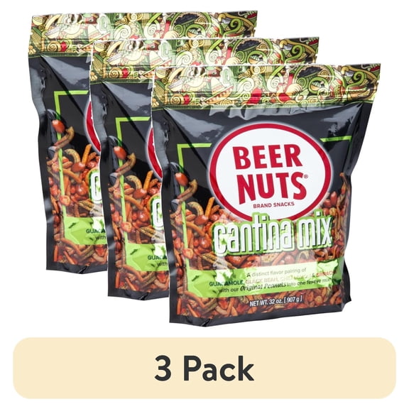 (3 pack) BEER NUTS Cantina Mix - 32 oz. Resealable Bag, Original Peanuts, Chili Lemon Roasted Corn, Black Bean Sticks, Guacamole