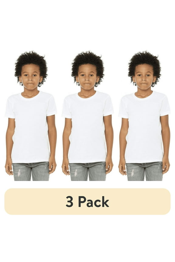 (3 pack) BELLA+CANVAS Youth Unisex Short Sleeve Crew T-Shirt – White Small Cotton Tee for Crafting, Personalization, Tie Dye & Everyday Wear