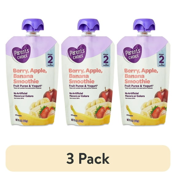 (3 pack) Parent's Choice Stage 2 Baby Food, Berry, Apple, Banana Smoothie Fruit Puree and Yogurt, 4 oz Pouch