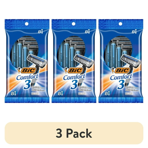 (3 pack) BIC Comfort 3 Disposable Men's Razor, 3 Blade Razor for a Comfortable Shave, 8-Count