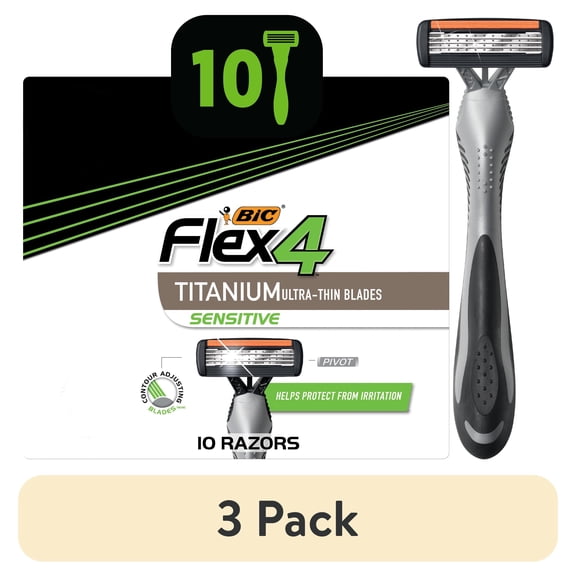 (3 pack) BIC Flex 4 Sensitive, 4-Blade Men's Disposable Razor, 10 Count