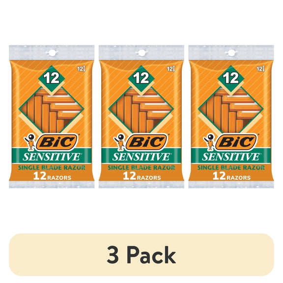 (3 pack) BIC Sensitive Disposable Razors for Men, 1 Blade, 12 Count