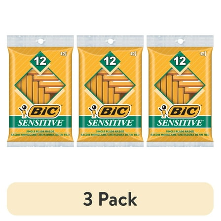 (3 pack) BIC Sensitive Disposable Razors for Men, 1 Blade, 12 Count