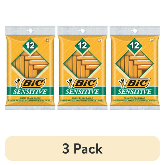 (3 pack) BIC Sensitive Disposable Razors for Men, 1 Blade, 12 Count