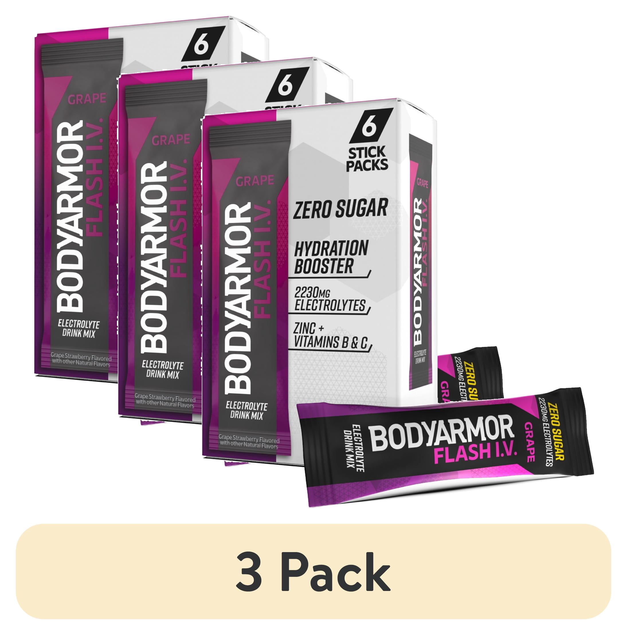 (3 pack) BODYARMOR Flash I.V. Sticks Grape Zero Sugar Electrolyte Powder Mix, 0.25 dry oz, 6 Pack Pouches