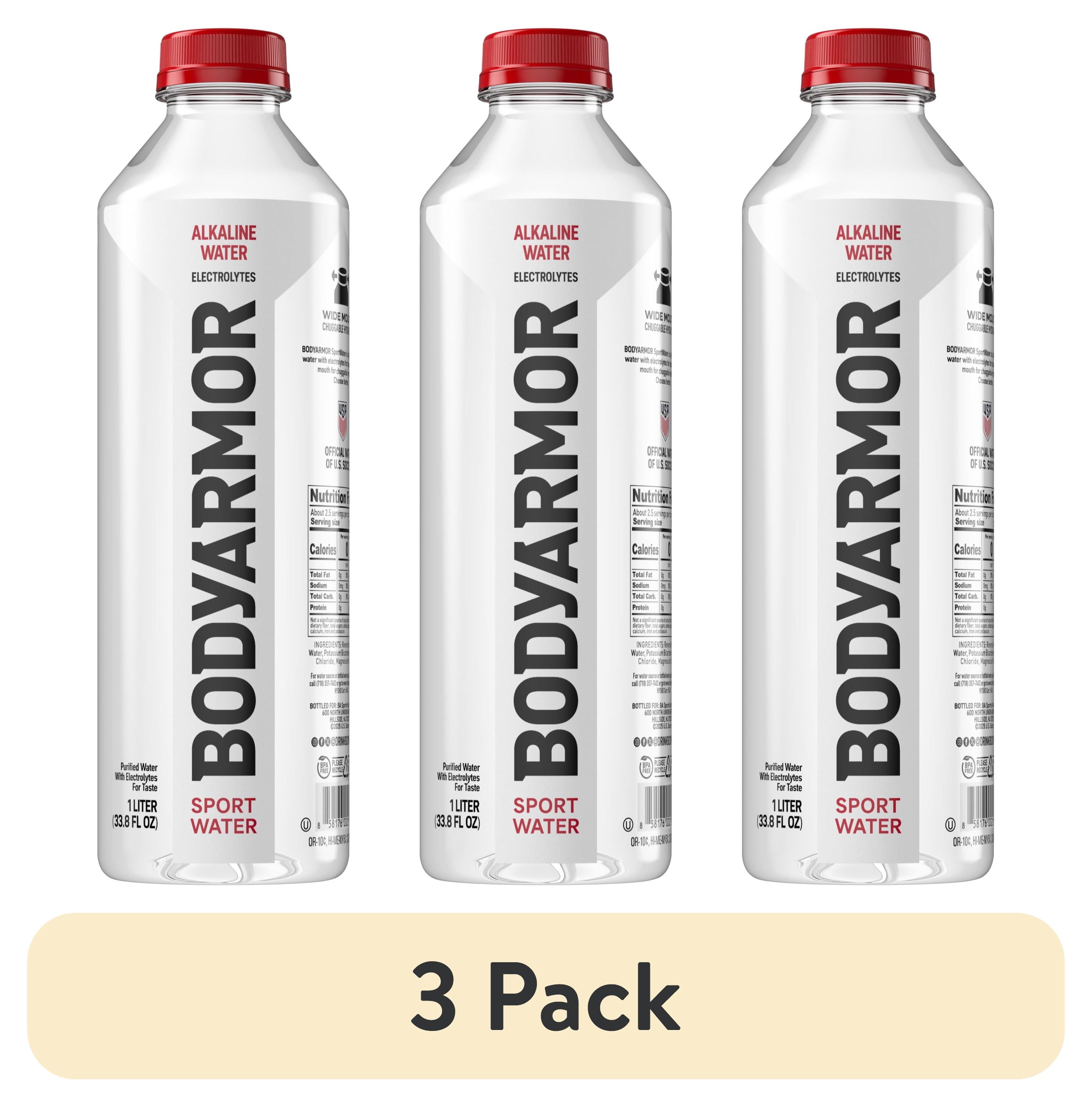 (3 pack) BODYARMOR SportWater Electrolyte Sports Drink Bottle, 1 Liter