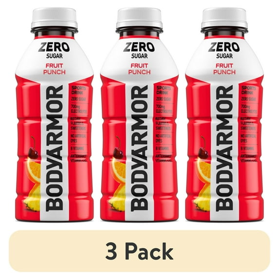 (3 pack) BODYARMOR Zero Sugar Fruit Punch Electrolyte Sports Drink, 16 fl oz Bottle