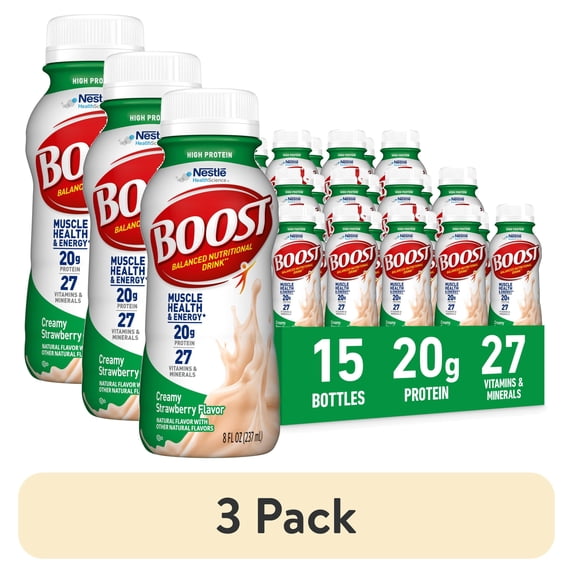 (3 pack) BOOST 20g High Protein Nutritional Drink Shakes, Creamy Strawberry, 8 fl oz, 15 Pack