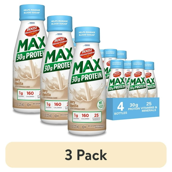 (3 pack) BOOST Glucose Control Max 30g High in Protein Nutritional Drink Shakes, Very Vanilla, 11 fl oz, 4 Pack