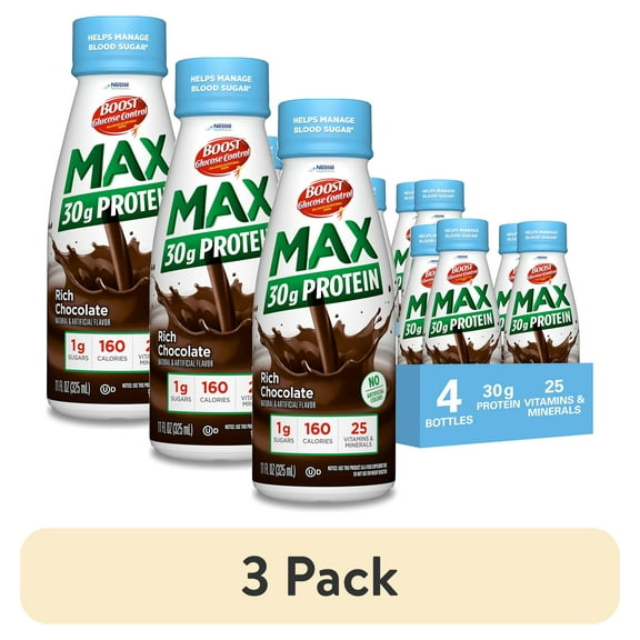 (3 pack) BOOST Glucose Control Max 30g High in Protein Nutritional Drink Shakes, Rich Chocolate, 11 fl oz, 4 Pack