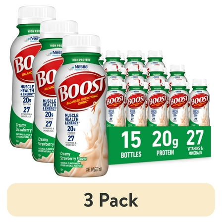 (3 pack) BOOST 20g High Protein Nutritional Drink Shakes, Creamy Strawberry, 8 fl oz, 15 Pack
