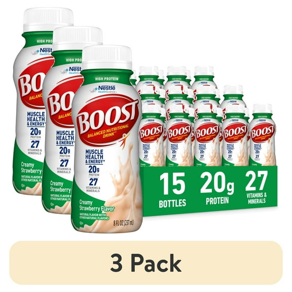 (3 pack) BOOST 20g High Protein Nutritional Drink Shakes, Creamy Strawberry, 8 fl oz, 15 Pack