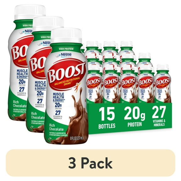 (3 pack) BOOST 20g High Protein Nutritional Drink Shakes, Rich Chocolate, 8 fl oz, 15 Pack
