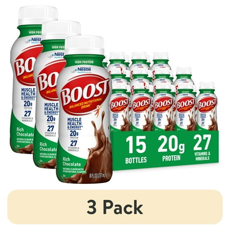 (3 pack) BOOST 20g High Protein Nutritional Drink Shakes, Rich Chocolate, 8 fl oz, 15 Pack