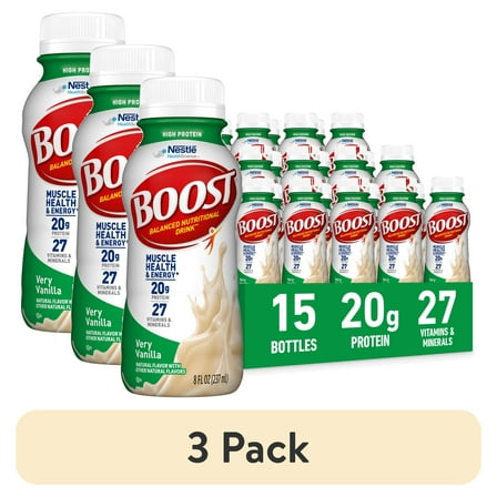 (3 pack) BOOST 20g High Protein Nutritional Drink Shakes, Very Vanilla, 8 fl oz, 15 Pack